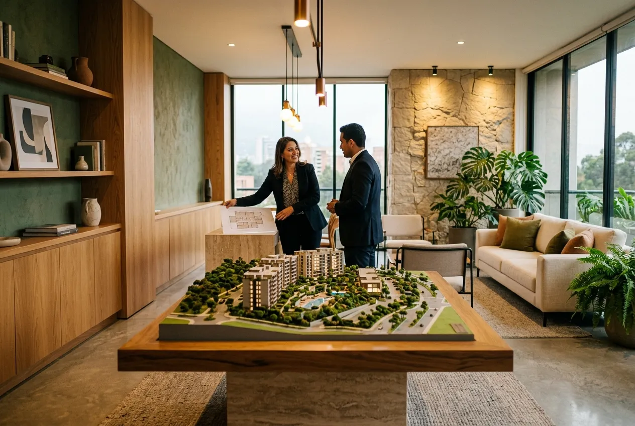 Sala de experiencias con maqueta de proyecto residencial en Armenia